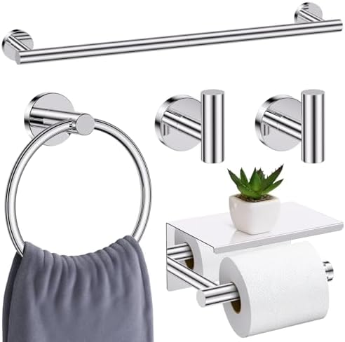 Polished Chrome Bathroom Hardware Set, 5 Pieces Chrome Towel Bar Bathroom Accessories, Upgraded Toilet Paper Holder with Shelf Set, 23.6 Inch Towel Rack Towel Holder for Bathroom Wall by SOAEZ