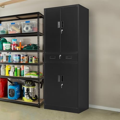 CJF 71" H Tall Metal Storage Cabinet with Drawer, Locking Garage Cabinet with 2 Adjustable Shelves, Heavy-Duty Tool File Storage Cabinets for Home Office, Kitchen, Warehouse, Shop (Black) - Image 6