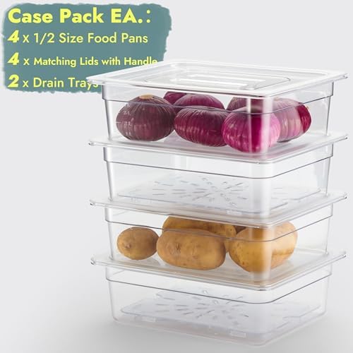 CURTA 4-Pack 1/2 Size 4" Deep NSF Polycarbonate Food Pans with Handled Lids & Drain Trays | Dishwasher & Freezer Safe Clear Container for Prep Tables, Buffet, Salad Bar, Commercial & Home Kitchen - Image 3