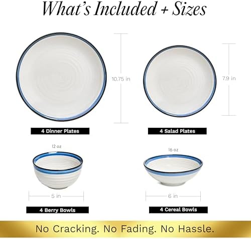Sango Siterra Santorini 16-Piece Stoneware Dinnerware Set for 4, Ceramic White Plates and Bowls Sets with Blue Rim & Reactive Glaze, Chip Resistant Dish Set, Microwave & Dishwasher Safe Kitchen Dishes - Image 5