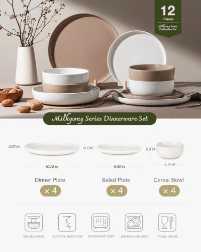Famiware Milkyway 12-Piece Stoneware Dinnerware Set, White & Cinnamon Brown - Image 2