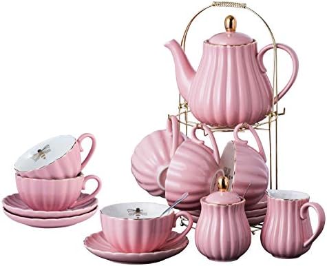Jusalpha Porcelain Tea Set- 8 OZ Coffee/Teacup, Saucer, Cup Holder, Pink by Jusalpha