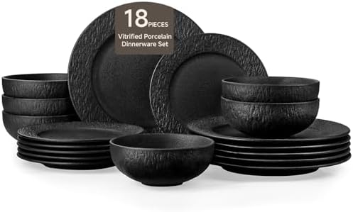 Black Dinnerware Sets, 18-Piece plates and bowls sets, Matte Marble by KINGSTONE