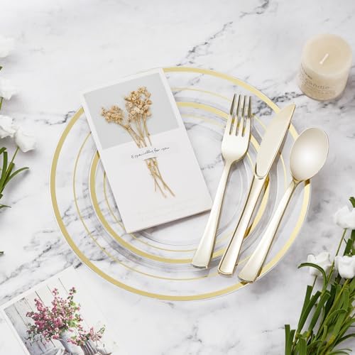 BESTVIP 300 Pcs Clear Gold Plastic Dinnerware Set for 50 Guests - Image 5