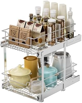 EZKAZA Pull Out Cabinet Organizer for Kitchen Utensil 17.5" W x 21" D, 2-Tier Cabinet Pullout Shelves and Drawer Organizer Slide Out Pantry Storage Basket, Bottom Basket 16.2" W x 20.4" D x 4.7" H by Unknown