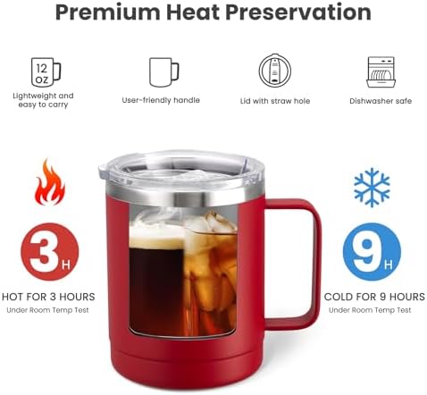 MEWAY 12oz Coffee Mug With Handle and Sliding Lid,Stainless Steel Travel Tumbler Cup with Handle,Double Wall Vacuum Insulated Camping Cup for Hot & Cold Drinks Tea (Red,Set of 1) - Image 3