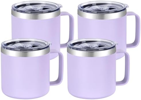 VEGOND 14 oz Insulated Coffee Mug Bulk with Handle, Stainless Steel Travel Coffee Mug with Lid, Double Wall Vacuum Metal Coffee Cup, Coffee Tumbler Powder Coated, Purple 4 Pack by VEGOND