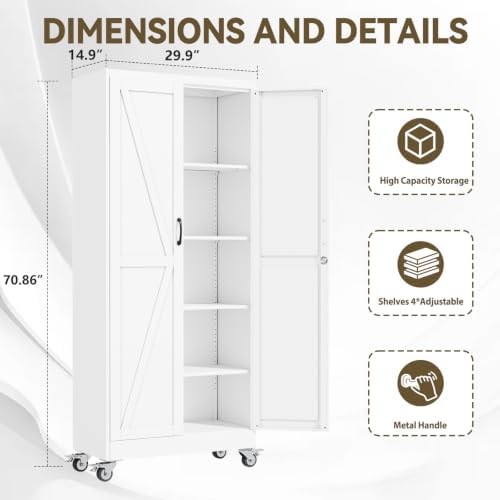 Metal Storage Cabinets with Wheels, Steel Tool Cabinets Lock Door and 4 Adjustable Shelves for Home Office, Garage, Kitchen (White, 70.9" H) - Image 2