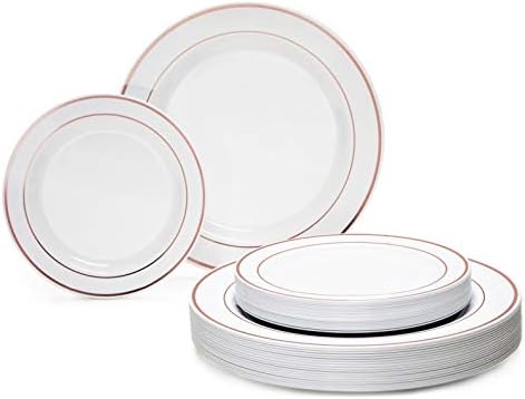 OCCASIONS 120 Plates Pack,(60 Guests) Heavyweight Premium Wedding Party Disposable Plastic Plates Set -60 x 10.5'' Dinner + 60 x 7.5'' Salad/Dessert (White & Rose Gold Rim) by OCCASIONSFINESTPLASTICTABLEWARE