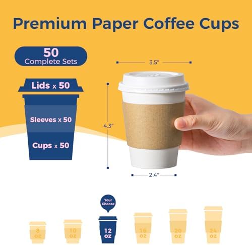 Fit Meal Prep 50 Pack 12 oz Disposable Coffee Cups with Lids, Sleeves, Leak-Proof To Go Coffee Cups with Lids, Durable Hot Paper Cups for Home, Office, Party, Business - Image 2