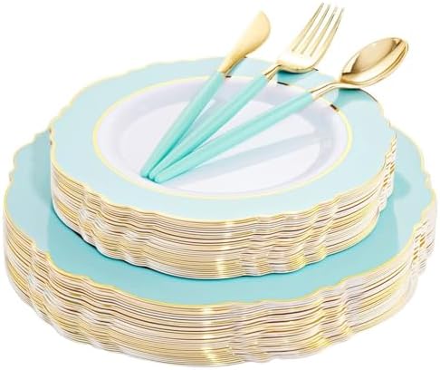 WDF 30Guest Mint Green Plastic Plates & Disposable Gold Silverware With Green Handle-Baroque Green &Gold Plastic Dinnerware for Wedding/Baby Shower/Summer Party by WDF