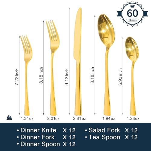 18/10 Flatware set for 12, 60 Piece Gold Stainless Steel Silverware Set - Image 6