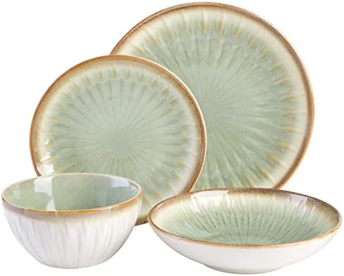 Gibson Elite Mayfair Bay 16-Piece Embossed Double Bowl Dinnerware Set, Service for 4 – Green Stoneware Plates and Bowls - Image 2