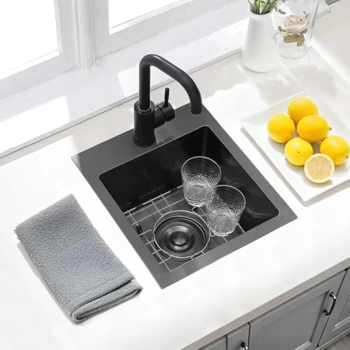 VAPSINT 15x15 Inch Black Drop In Bar Sink, Single Bowl Top Mount Handmade Gunmetal Black Wet Bar Prep RV Sink, 16 Guage Stainless Steel Outdoor Small Kitchen Sinks with Grid & Drain Strainer - Image 3