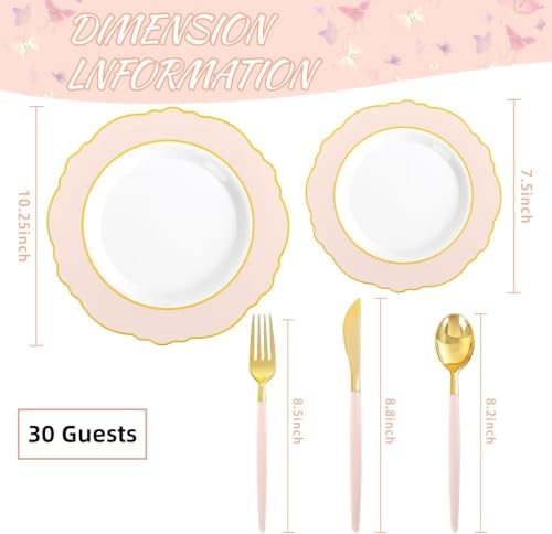 WDF 30Guest Pink Plates Disposable - Hign-end Baroque Design - Gold Plastic Silverware with Handle-Baroque Pink &Gold Plastic Dinnerware for Baby Shower/Wedding/Birthday/Summer Party - Image 3