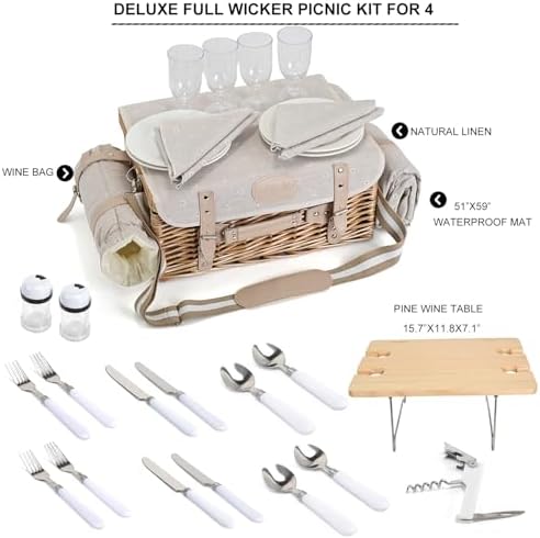 Multifunctional Wicker Picnic Basket Set for 4 with Blanket and Picnic Table, Insulated Picnic Set with Full Tablewares for Camping Outdoor Couples, Flowers - Image 5