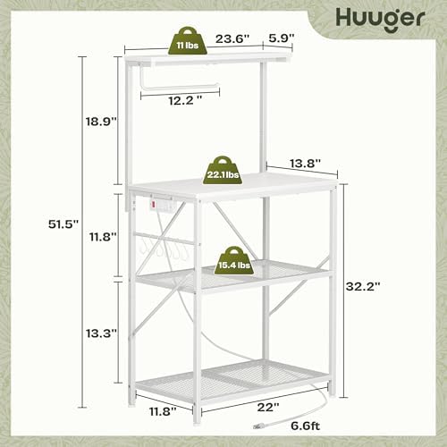 Huuger 4-Tier Bakers Rack with Reversible Power Outlet, 23.6 Inch Microwave Stand, Kitchen Coffee Bar, with Top Shelf, 6 S Hooks, White - Image 3