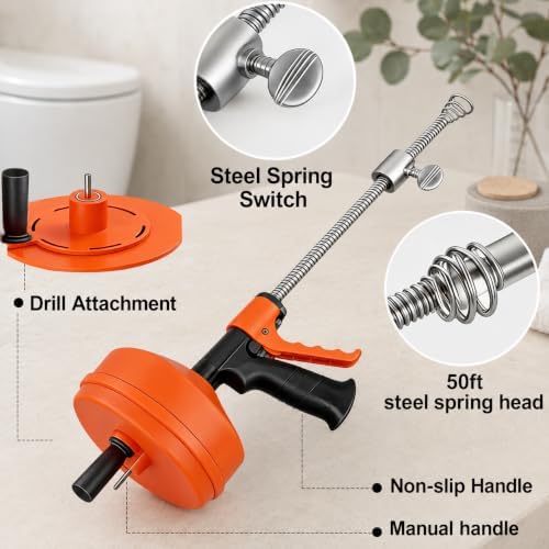 50 FT Double Mode Drain Snake Tools, 14-in-1 Drain Auger for Sink and Drain Unblocking, Plumbing Snake for Kitchen, Bathrom and Shower Sink, Snake for Real DYIs 2026 Upgraded - Image 2