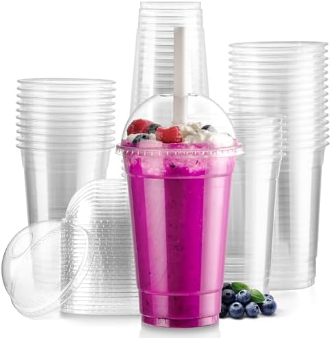 Fit Meal Prep 100 Pack 20 oz Disposable Plastic Coffee Cups with Dome Lids, To Go Iced Coffee Cups with Lids, BPA Free Clear Parfait Cups for Party, Smoothie, Bubble Boba, Juice, Milkshake by FMPBRANDS