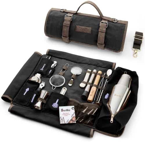 Barillio Bartender Kit Bag with Cocktail Shaker Set - Waxed Canvas, Traveling Bar Tools Bag with 17-Pc Cocktail Kit - Travel Mixology Bartending Kits - Mobile Bar Roll with Strap & Accessories by Barillio