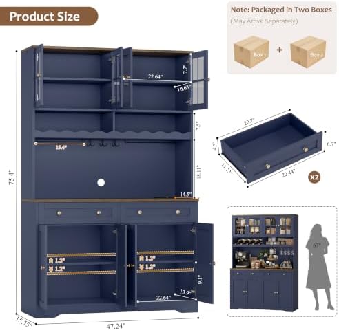 HOSTACK 75"H Kitchen Pantry Storage Cabinet, Coffee Bar, Tall Hutch Cabinet - Image 3
