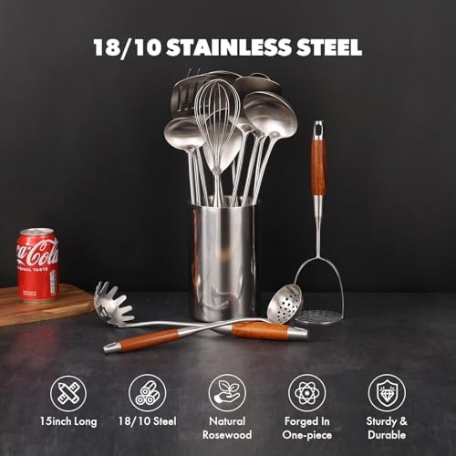 15” Metal Kitchen Utensils Set with RooseWood Handle - 18/10 Stainless Steel Cooking Utensils, 14 PCS Large & Small Spoons Set - Whisk, Masher, Fork, Spatula, Turner, Ladle, Skimmer, Pasta - Image 5