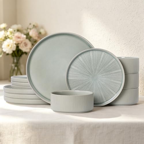 Stoneware Dinnerware Sets for 4, 12-Piece Plates and Bowls Set, Sage Green by ALOFMO