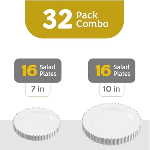 PLASTICPRO 32 Piece Combo Plastic Dinner Plates Disposable Plastic Fancy Heavy Duty Party Dishes 7 inch and 10 inch, White and Silver Beaded - Image 4