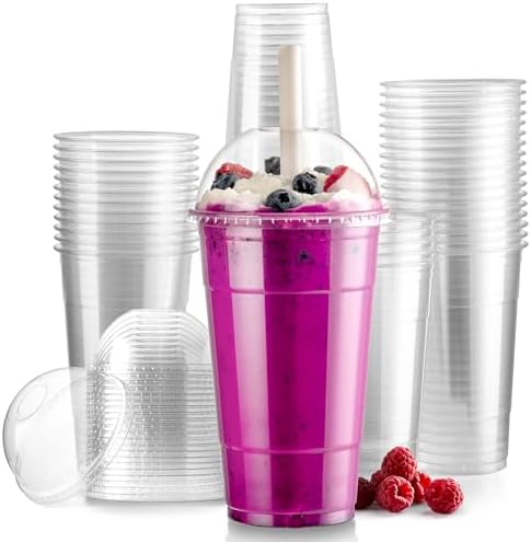 Fit Meal Prep 500 Pack 24 oz Clear Plastic Cups with Dome Lids Disposable Iced Coffee Cup for Tea, Juice, Smoothie, Boba, Milkshake, Other Cold Drink Crack Resistant, Sturdy by FMPBRANDS