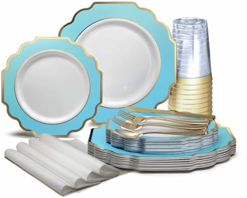 OCCASIONS Disposable Plastic Plates for 80 Guests (Imperial Aqua & Gold) by OCCASIONSFINESTPLASTICTABLEWARE