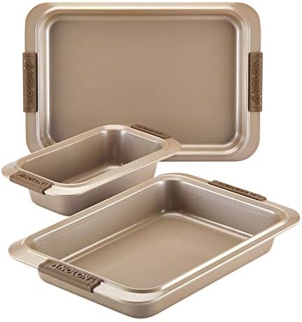 Anolon Advanced Nonstick Bakeware Set with Grips includes Nonstick Bread Pan, Cookie Sheet / Baking Sheet and Baking Pan - 3 Piece, Bronze Brown by Anolon