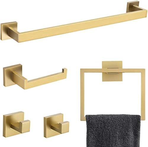 Brushed Gold Towel Bar Set Bathroom Hardware Set, 5 Pieces Gold Bathroom Accessories Set Stainless Steel Wall Mounted Towel Holder for Bathroom 23.6in by TNOMS