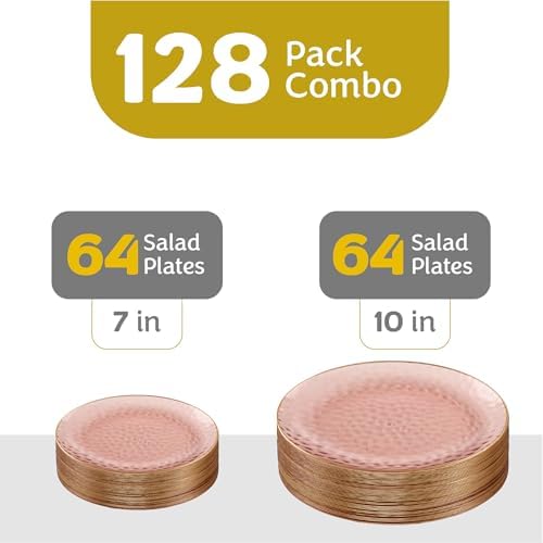 PLASTICPRO 128 Piece Combo Plates Set includes 64-7'' inch Plates & 64-10'' inch Dishes Rose Hammered Plastic PartyPlates Premium heavyweight Elegant, Disposable, Tableware, Dishes, - Image 5