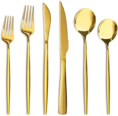 Astercook Silverware Set 48-Piece Gold Flatware Set with Steak Knives Food-Grade Stainless Steel Cutlery Set for 8 Mirror Polished Utensils Set for Home Kitchen Restaurant by Astercook