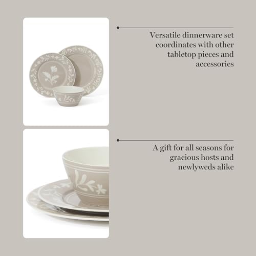 Martha Stewart Dinnerware Set - Maiden Crown 12-Piece Dish Set, Taupe – New Bone China Ceramic Plates & Bowls – Floral Design – Service for 4 – Microwave & Dishwasher Safe - Image 5
