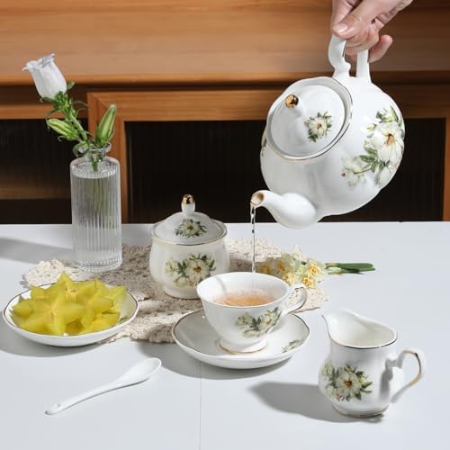 Sweejar Porcelain Tea Set Vintage Floral, British Relief Gold Rim Teapot Cup and Saucer Sets, 22-Piece Tea Sets for Adults, with Teapot, Sugar Bowl, Milk Jug, Spoons, Cup and Saucer (Camellia) - Image 4
