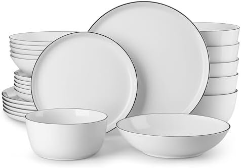 MALACASA 24-Piece Dinnerware Set for 6, White Black-Rim Porcelain Dishes by MALACASA