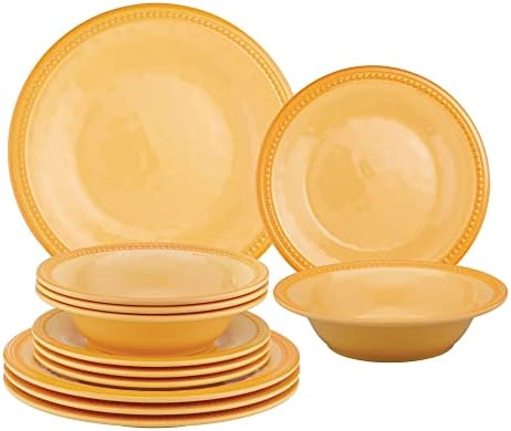UPware 12 Piece Beaded Melamine Dinnerware Sets, Outdoor Dishes Set, Plates and Bowls Sets, Service for 4, Yellow by UPware