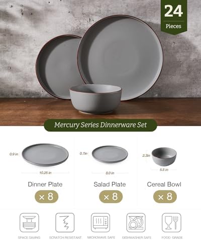 Famiware Mercury 24-Piece Stoneware Dinnerware Set, Dark Grey - Image 2