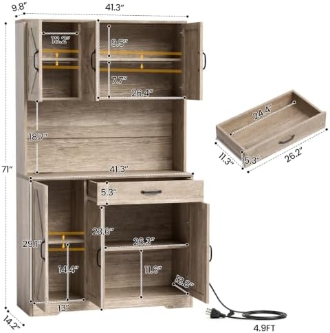 GRUSIGN 71" Pantry Cabinet with Charging Station, Large Capacity Kitchen Hutch Storage Cabinet, Kitchen Cabinet with Microwave Stand, Storage Drawers & Adjustable Shelves for Dining Room, Grey - Image 3
