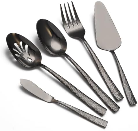 Large Hostess Serving Utensils Set, Stainless Steel Heavy Duty Hammered Serving spoons, Slotted Spoons, Serving Fork, Cake Server, Butter Knife, Dishwasher Safe（Black） by Remoxye
