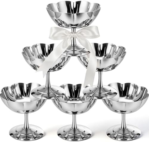 6 Pcs Stainless Steel Ice Cream Bowls Mini Silver Serving Pudding Dessert Cup Sauce Bowls Round Footed Yogurt Snack Candy Cups for Mousse Fruit Salad Wedding Party Favor by Ferrochef