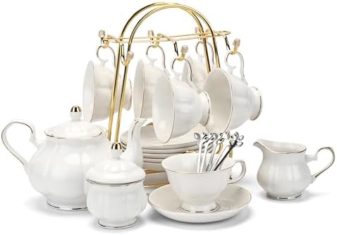 CHENP.HMC Tea Set 22-Piece Porcelain Ceramic Coffee Tea Gift Sets Cups Saucer Service for 6 Teapot Sugar Bowl Creamer Pitcher and Teaspoons (White) by CHENPH