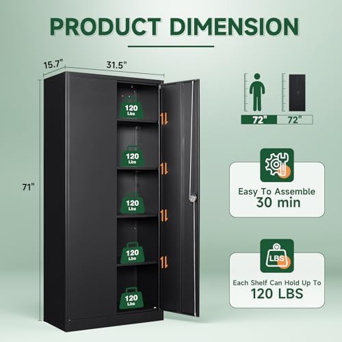 Letaya Metal Garage Storage Cabinets with Lock Door and Adjustable Shelves, Steel Tool Cabinets for Home,Office,Warehouse Organisieren (Black) (Pack of 2) - Image 3