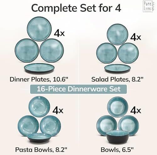 16 Piece Stoneware Dinnerware Set for 4, Handcrafted Plates and Bowls Set - Image 6