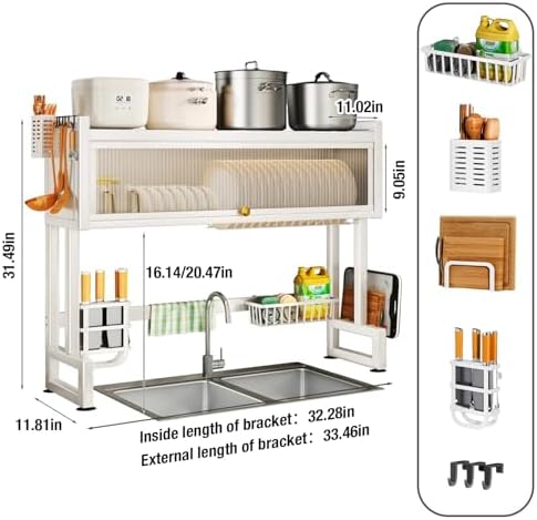 Hdrriozu Over the Sink 3 Tier Dish Drying Rack with Cover, Milkshake White - Image 6