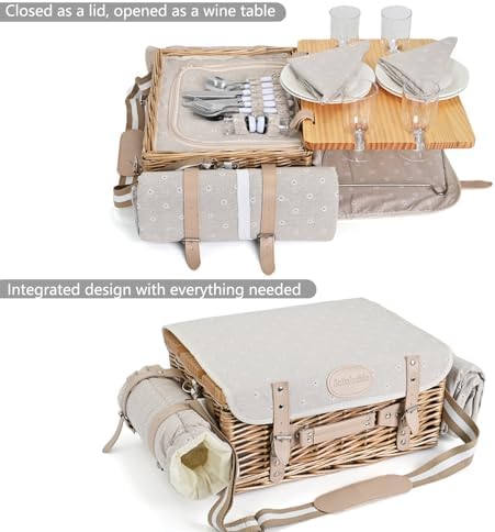 Multifunctional Wicker Picnic Basket Set for 4 with Blanket and Picnic Table, Insulated Picnic Set with Full Tablewares for Camping Outdoor Couples, Flowers - Image 2