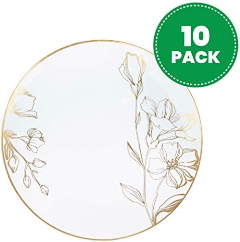[10'' Plates 10 Count] White Plastic Floral Design Party Dinner Plates With Gold Rim Premium heavyweight Elegant Disposable Tableware Dishes - Image 2