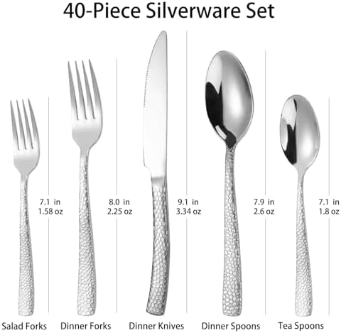 Hammered Silverware Set With Gift Box For 8 Cutlery Set Utensils Stainless Steel Flatware 40 Pieces MIKIWAY Luxury Kitchen Tableware Set For Gifts Festive, Dishwasher Safe, Mirror Polishing - Image 2