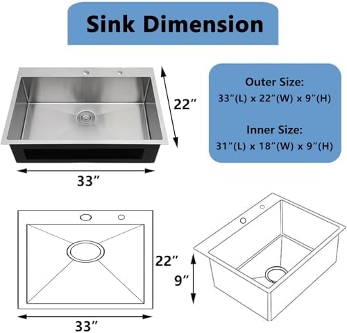 VAPSINT 33x22 Drop In Kitchen Sink, 33 Inch Stainless Steel Top Mount Single Bowl Sink for Kitchen, Overmount Handmade 16 Gauge Brushed Nickel RV Laundry Prep Sinks with Drain - Image 3